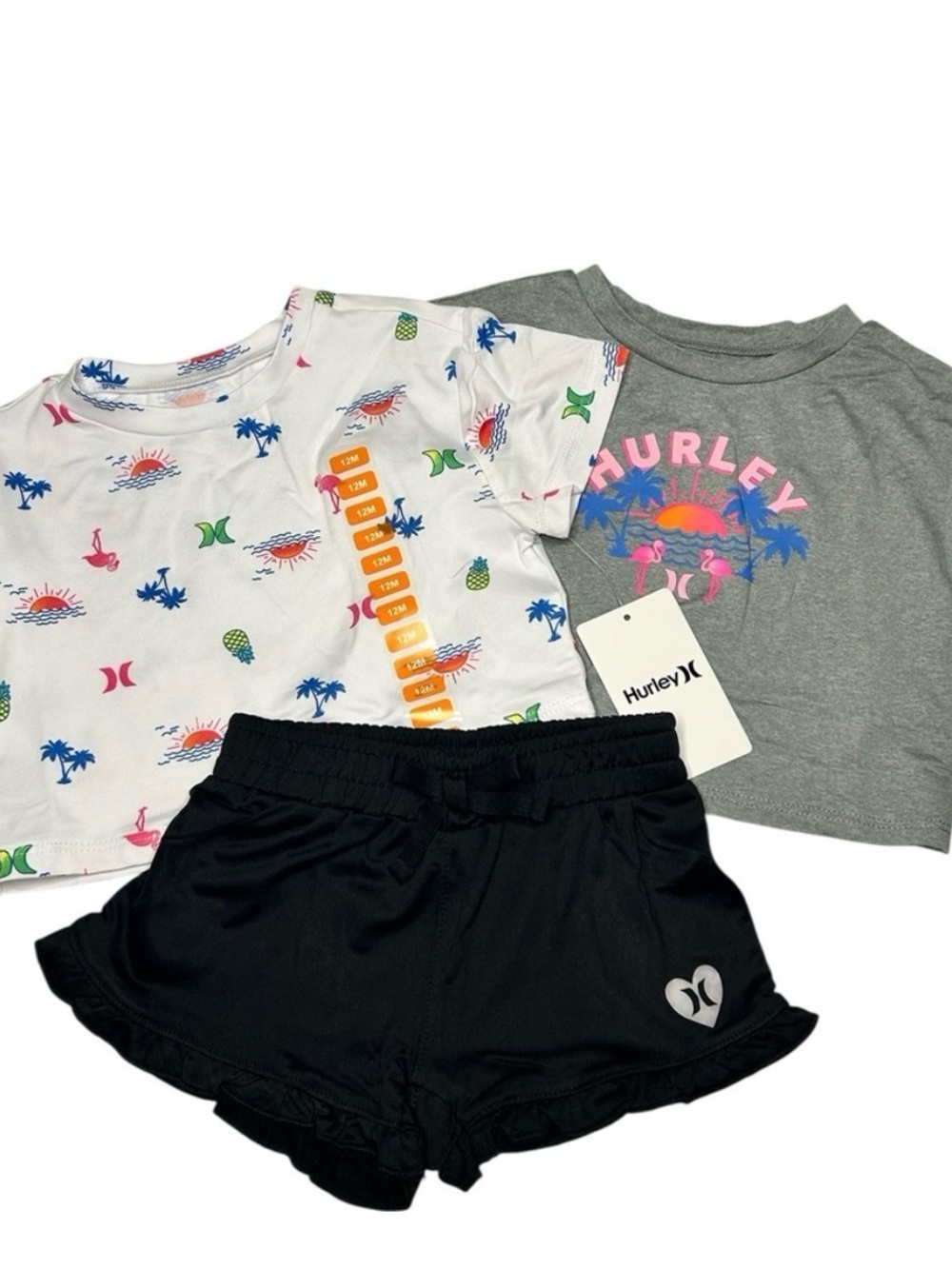 NWT Hurley Kids 3-Piece Set - White, Gray, Black with Neon Accents Girl’s 12M